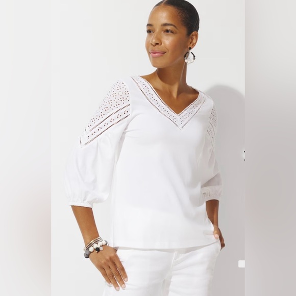 Chico’s Decorative Eyelet Tee Size 4 V Neck 3/4 Sleeve Color White - Picture 1 of 11